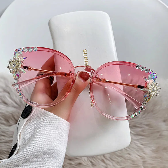 Elegant Solid Color Resin Cat Eye Diamond Full Frame Women'S Sunglasses