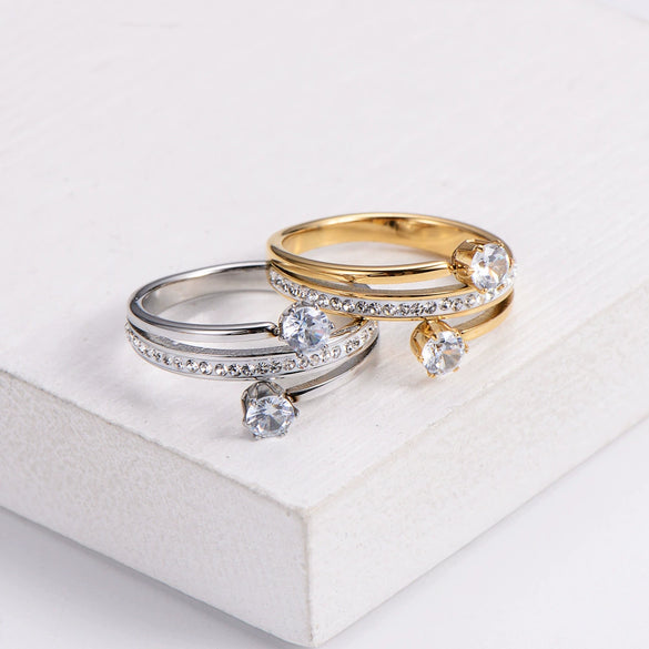 Elegant Spiral White Mud Inlaid Zircon Stainless Steel Finger Ring For Women