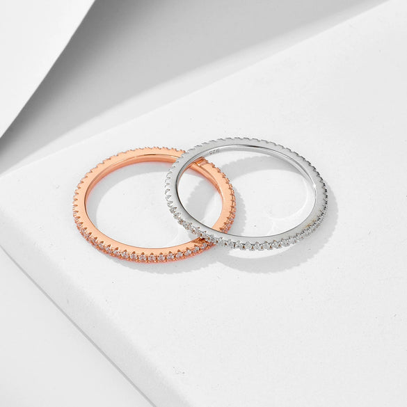 Elegant Stacked Style Geometric Micropaved Zircon Diamond Inlay Women's Sterling Silver Ring With White And Rose Gold Plating