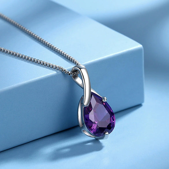 Elegant Sterling Silver Amethyst Drop Pendant With Diamond Detail For Women Minimalist Jewelry