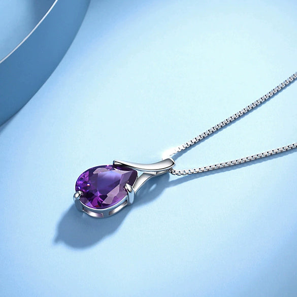Elegant Sterling Silver Amethyst Drop Pendant With Diamond Detail For Women Minimalist Jewelry