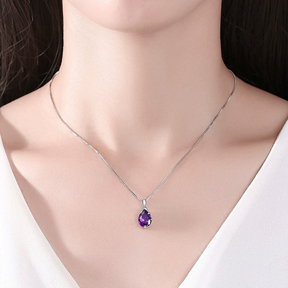 Elegant Sterling Silver Amethyst Drop Pendant With Diamond Detail For Women Minimalist Jewelry
