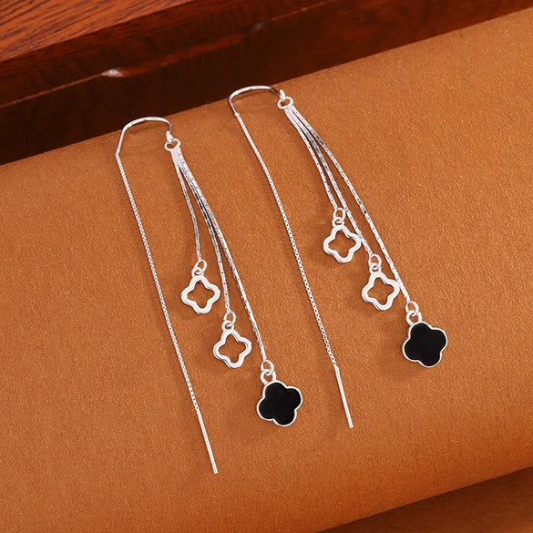 Elegant Sterling Silver Four Leaf Clover Flower Tassel Threader Earrings For Women With Delicate Floral Style