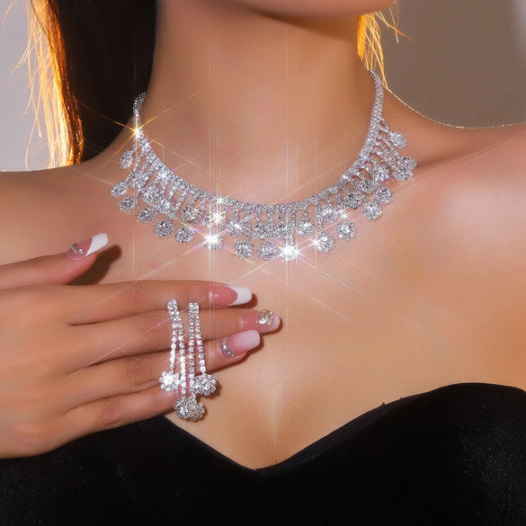 Elegant Streetwear Tassel Flower Alloy Inlay Rhinestones Women'S Earrings Necklace Jewelry Set