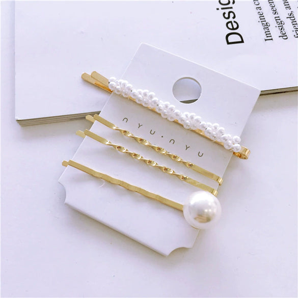 Elegant Sweet Alloy Pearl Hair Clip Set Electroplated Word Barrette Side Clip And Bangs Clip For Women