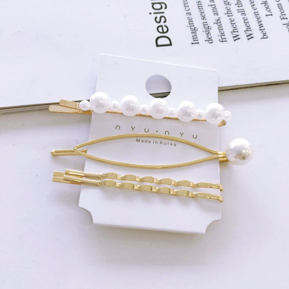 Elegant Sweet Alloy Pearl Hair Clip Set Electroplated Word Barrette Side Clip And Bangs Clip For Women