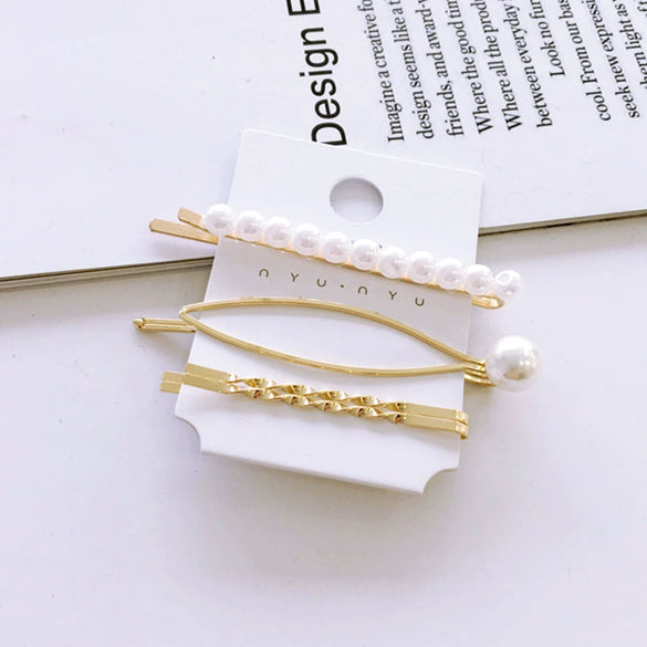 Elegant Sweet Alloy Pearl Hair Clip Set Electroplated Word Barrette Side Clip And Bangs Clip For Women