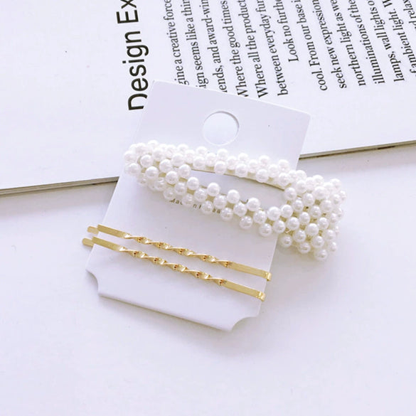 Elegant Sweet Alloy Pearl Hair Clip Set Electroplated Word Barrette Side Clip And Bangs Clip For Women