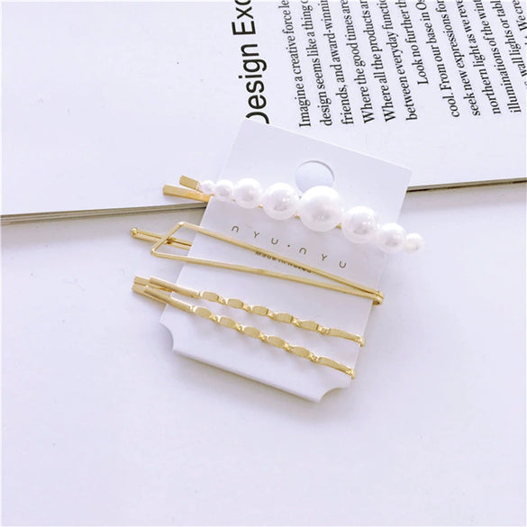 Elegant Sweet Alloy Pearl Hair Clip Set Electroplated Word Barrette Side Clip And Bangs Clip For Women
