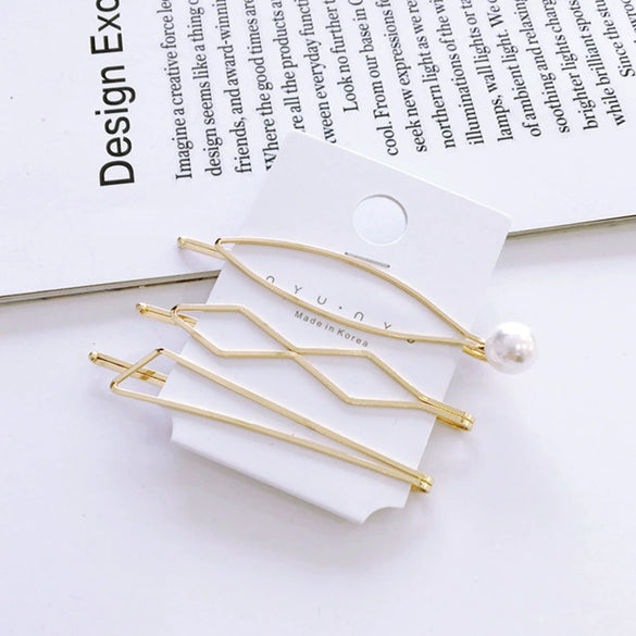 Elegant Sweet Alloy Pearl Hair Clip Set Electroplated Word Barrette Side Clip And Bangs Clip For Women