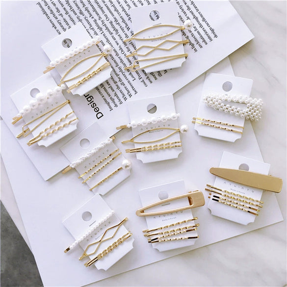 Elegant Sweet Alloy Pearl Hair Clip Set Electroplated Word Barrette Side Clip And Bangs Clip For Women