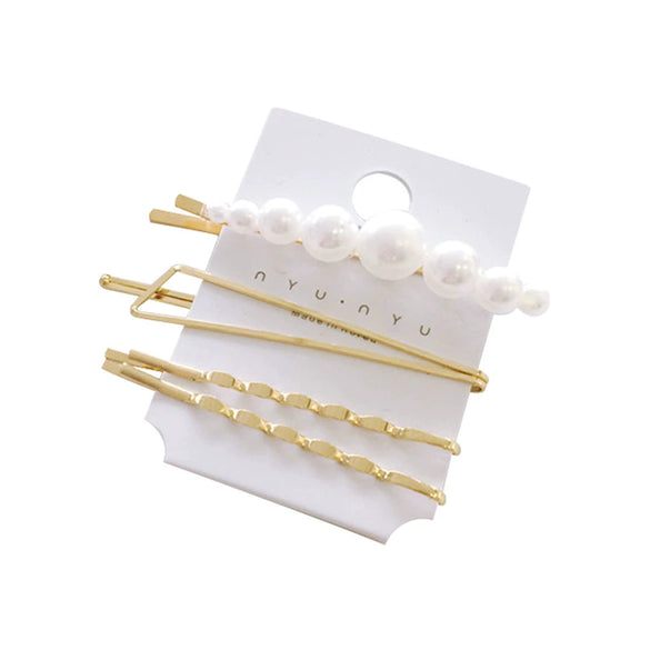 Elegant Sweet Alloy Pearl Hair Clip Set Electroplated Word Barrette Side Clip And Bangs Clip For Women