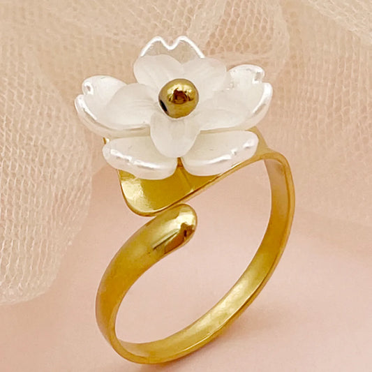 304 Stainless Steel Shell 14K Gold Plated Elegant Sweet Polishing Plating Flower Shell Open Ring