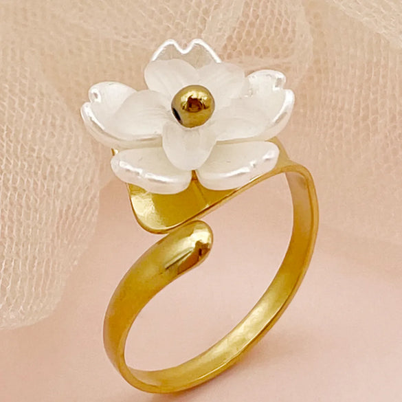 304 Stainless Steel Shell 14K Gold Plated Elegant Sweet Polishing Plating Flower Shell Open Ring