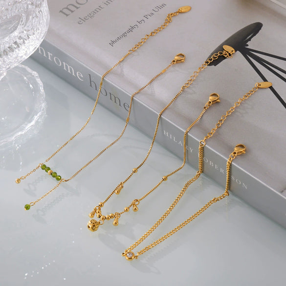 Elegant Titanium Steel Anklet For Women With Hollow Exquisite Ball Bell Round Beads Green Crystals And Geometric Design