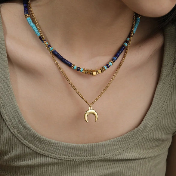Elegant Vacation Ethnic Style Round Square Titanium Steel Lapis Lazuli 18K Gold Plated Layered Necklaces In Bulk