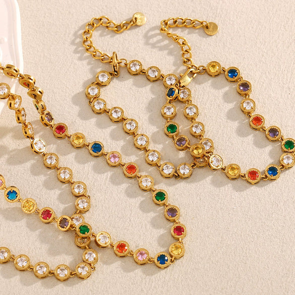 Elegant Versatile Jewelry Stainless Steel Plated 18K Gold Color Geometric Zirconium Necklace Bracelet For Women Electroplated