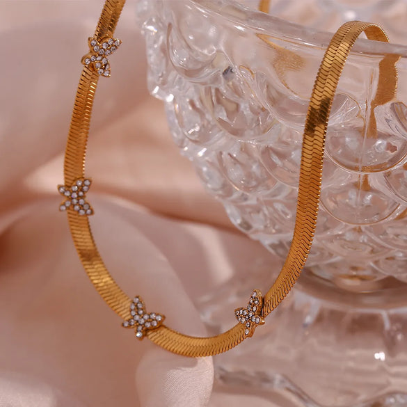 Elegant Vintage Style Butterfly Stainless Steel Plating Inlay Rhinestones 18k Gold Plated Necklace