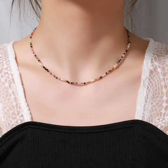 Elegant Vintage Style French Style Irregular Round 18K Gold Plated Natural Stone Freshwater Pearl Titanium Steel Wholesale Necklace