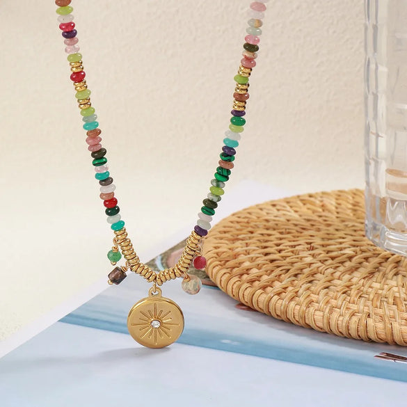 Elegant Vintage Style French Style Irregular Round Natural Stone Titanium Steel Copper 18K Gold Plated Pendant Necklace In Bulk