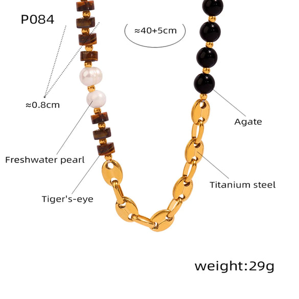 Elegant Vintage Style Geometric Titanium Steel Beaded Plating Inlay Freshwater Pearl Agate Tiger Eye 18k Gold Plated Necklace