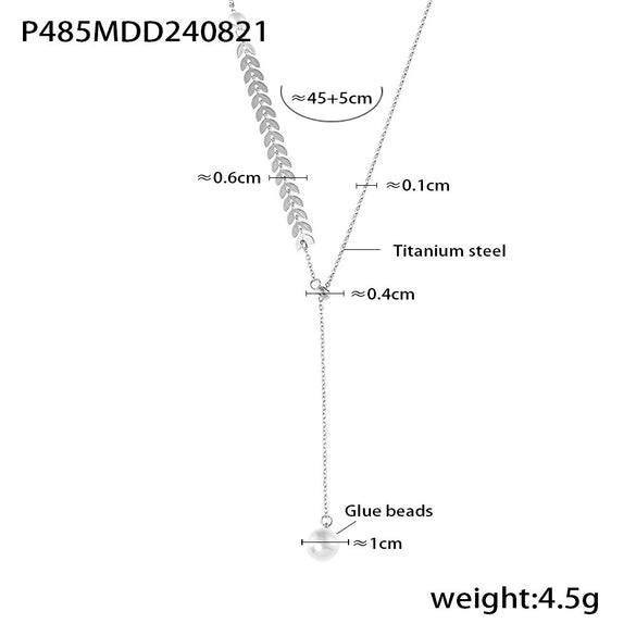 Elegant Wheat Ear Imitation Pearl Adjustable Pendant Necklace Titanium Steel 18K Gold Plated Tassel Clavicle Chain For Women Geometric Style Electroplated