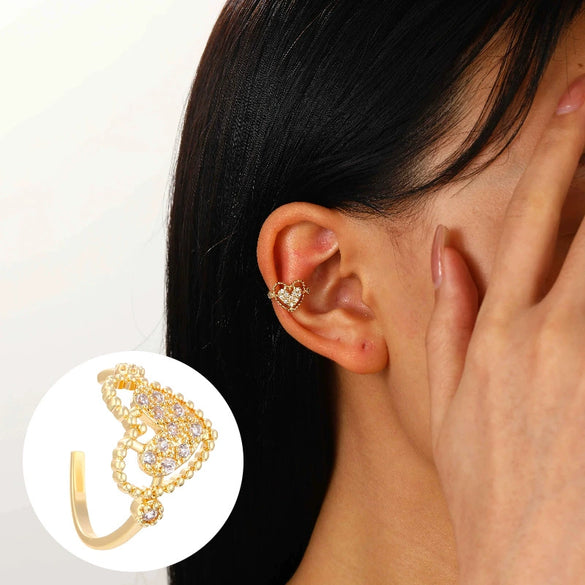 Elegant Women's Ear Clip Without Ear Holes Copper Inlaid Zircon Heart Shaped Multi Layer Ear Clip With Electroplating