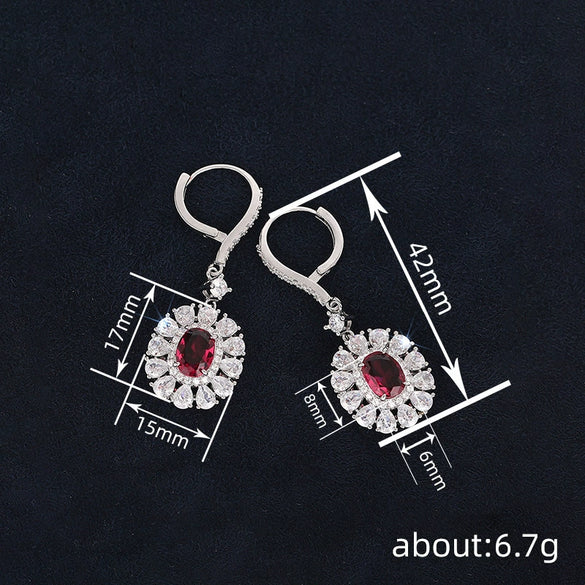 Elegant Women's French Style Copper Earrings With Oval Flower And Geometric Pattern Inlaid Zircon