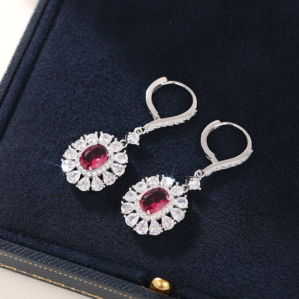 Elegant Women's French Style Copper Earrings With Oval Flower And Geometric Pattern Inlaid Zircon