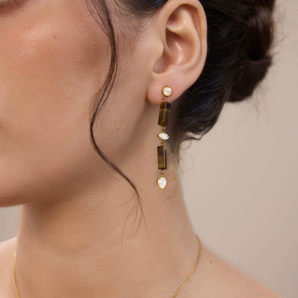 Elegant Women's Geometric Stainless Steel Tassel Earrings With Natural Stone Detail And Pierced Stud Design