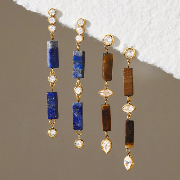 Elegant Women's Geometric Stainless Steel Tassel Earrings With Natural Stone Detail And Pierced Stud Design
