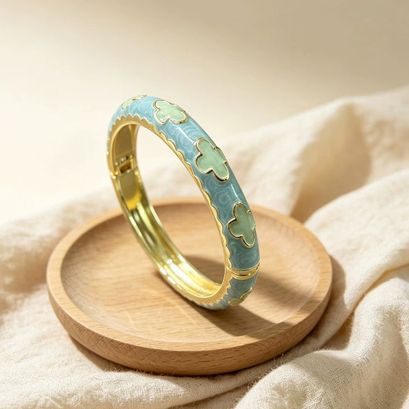Enamel Clover Open Bangle Bracelets For Children Macaron Color Fresh Floral Jewelry Accessories With Plated Finish Wholesale