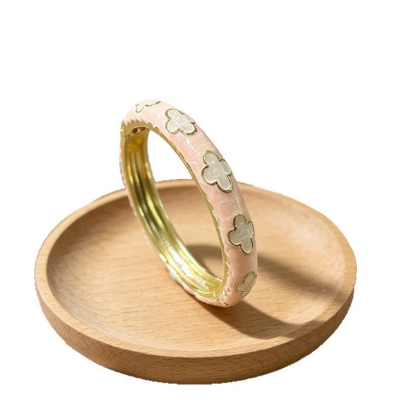 Enamel Clover Open Bangle Bracelets For Children Macaron Color Fresh Floral Jewelry Accessories With Plated Finish Wholesale