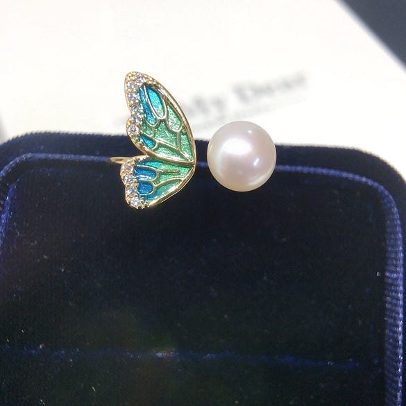 Enamel Half Wing Butterfly Natural Freshwater Pearl Jewelry Set Pendant Earrings Ring