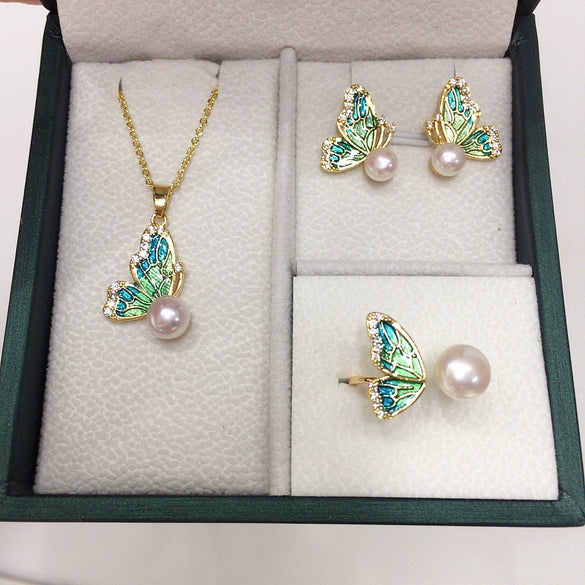 Enamel Half Wing Butterfly Natural Freshwater Pearl Jewelry Set Pendant Earrings Ring