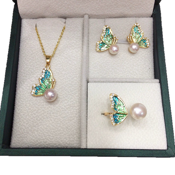 Enamel Half Wing Butterfly Natural Freshwater Pearl Jewelry Set Pendant Earrings Ring