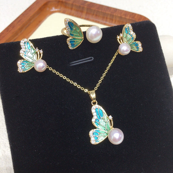 Enamel Half Wing Butterfly Natural Freshwater Pearl Jewelry Set Pendant Earrings Ring