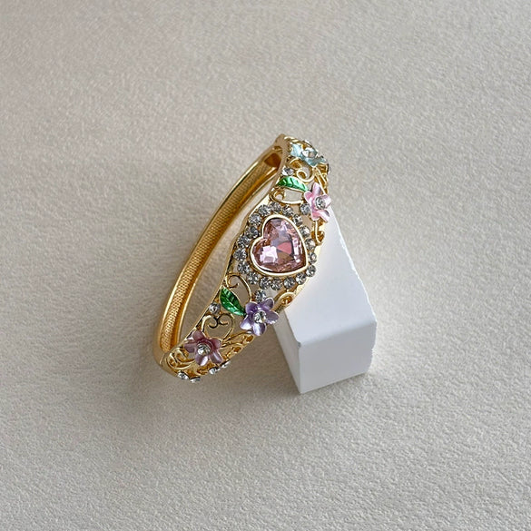 Enamel Heartshaped Wide Bangle Bracelet With Hollow Out Details And Plated Finish Fashion Jewelry