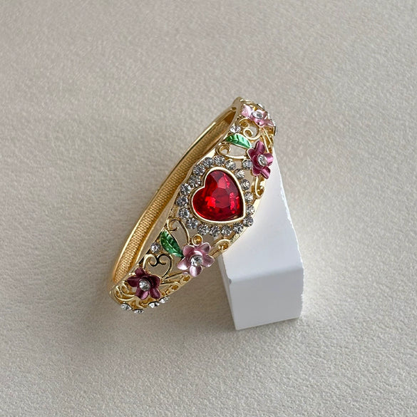 Enamel Heartshaped Wide Bangle Bracelet With Hollow Out Details And Plated Finish Fashion Jewelry