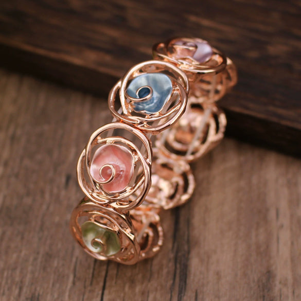 Enamel Hollow Rose Stretch Bracelet For Ladies Zinc Alloy With Painting Oil Treatment Original Design Plant Flowers Style