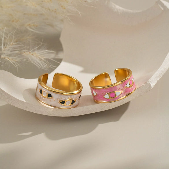 Enamel Oil Dripping Devil's Eye Ring For Girls Geometric Style Stainless Steel Electroplating Hand Jewelry