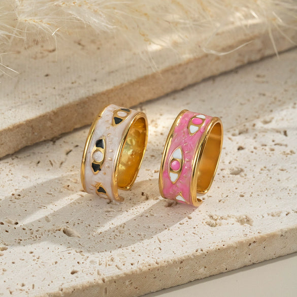 Enamel Oil Dripping Devil's Eye Ring For Girls Geometric Style Stainless Steel Electroplating Hand Jewelry
