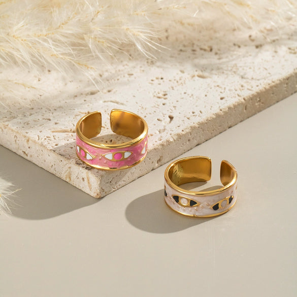 Enamel Oil Dripping Devil's Eye Ring For Girls Geometric Style Stainless Steel Electroplating Hand Jewelry