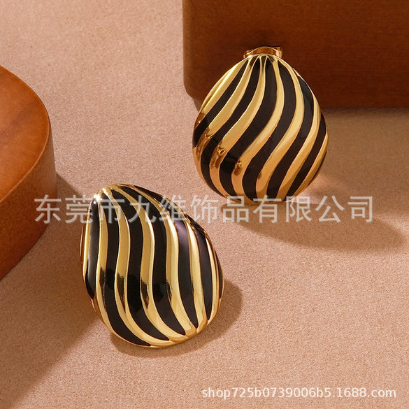 Enamel Striped Geometric Melon Seed Titanium Steel Women's Oildropping Thread Earrings