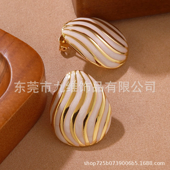 Enamel Striped Geometric Melon Seed Titanium Steel Women's Oildropping Thread Earrings