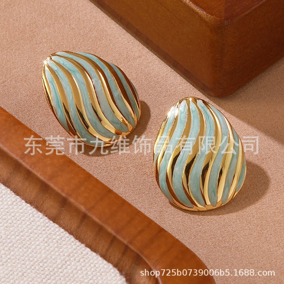 Enamel Striped Geometric Melon Seed Titanium Steel Women's Oildropping Thread Earrings