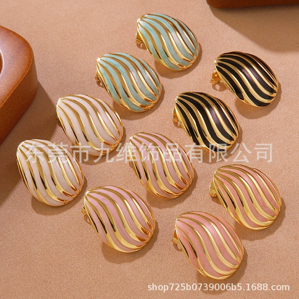Enamel Striped Geometric Melon Seed Titanium Steel Women's Oildropping Thread Earrings