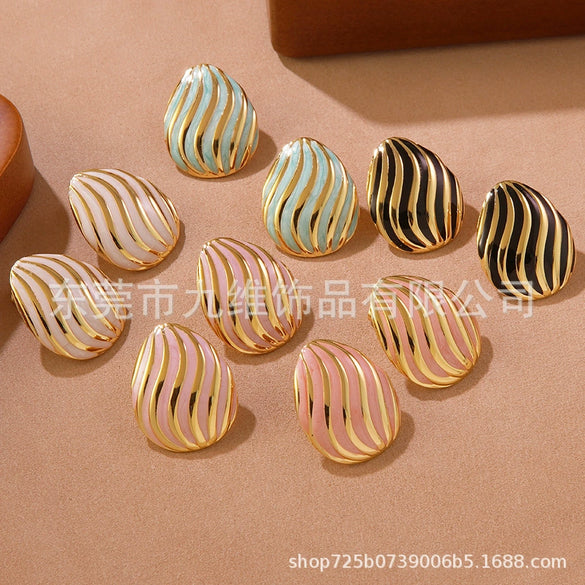 Enamel Striped Geometric Melon Seed Titanium Steel Women's Oildropping Thread Earrings
