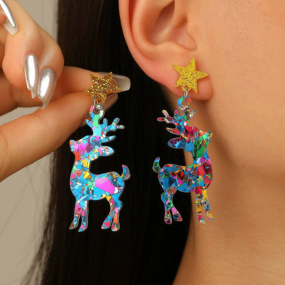 Engraved Acrylic Deer And Star Christmas Earrings For Women Animal Inspired Holiday Jewelry