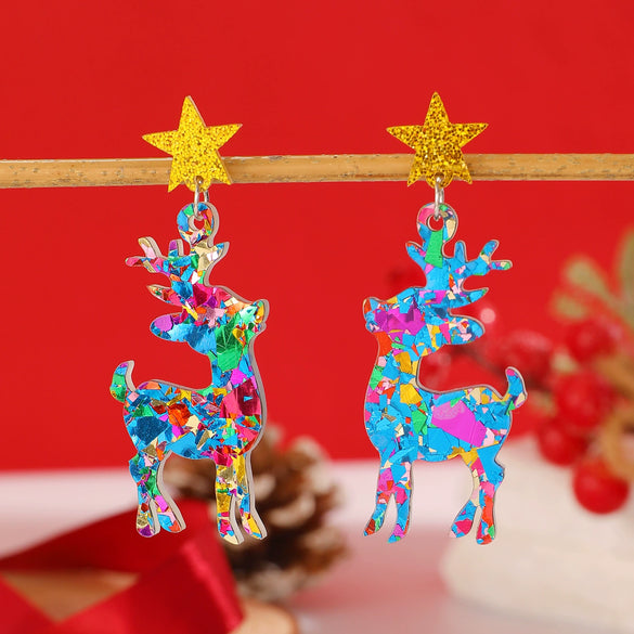 Engraved Acrylic Deer And Star Christmas Earrings For Women Animal Inspired Holiday Jewelry